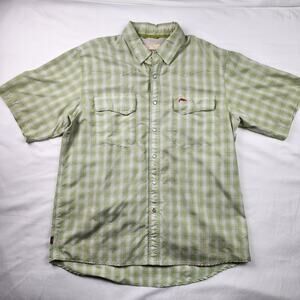 Simms Fishing Men Medium Short Sleeve Pearl Snap Vented Outdoor Green/Tan Plaid